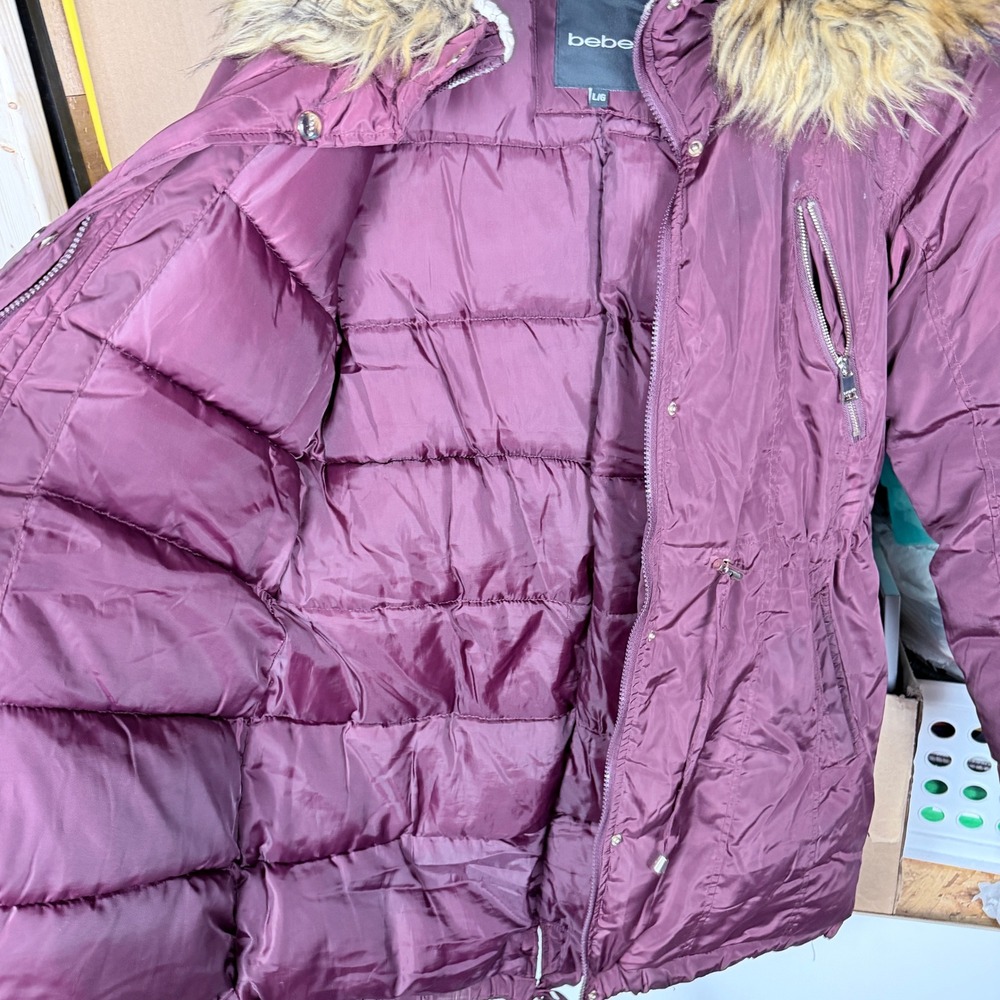 Bebe Women Parka Jacket Fur‎ Hood Lined Pockets Drawstring Burgundy Size L - Picture 3 of 5